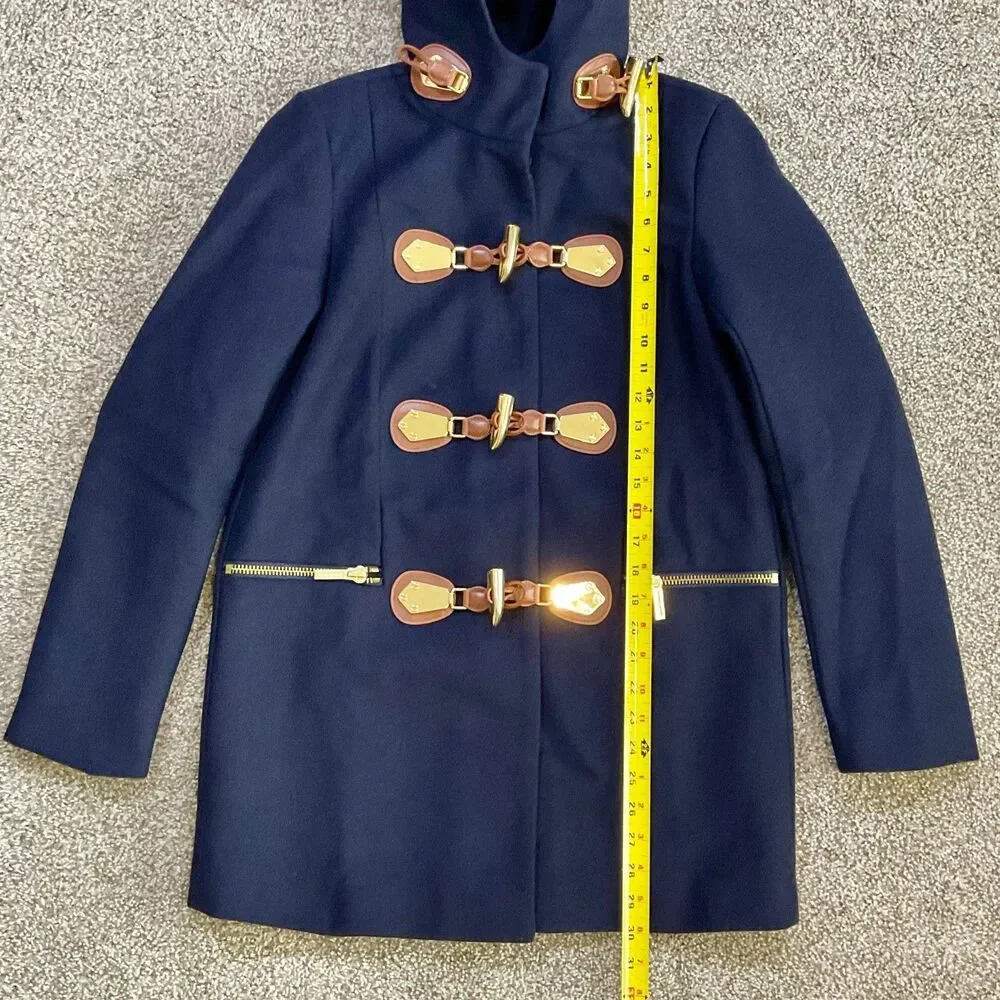 NEW Michael Kors Wool Hooded Duffle Coat Jacket‎ Womens Small Toggle Winter Blue